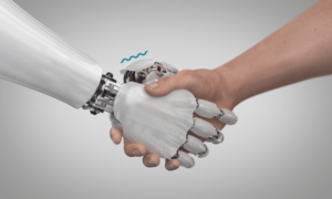 Ilustração de humano apertando a mão de robô.