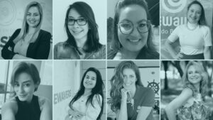 Foto de oito gestoras da Ewave. Imagem representa a liderança feminina presente na empresa.
